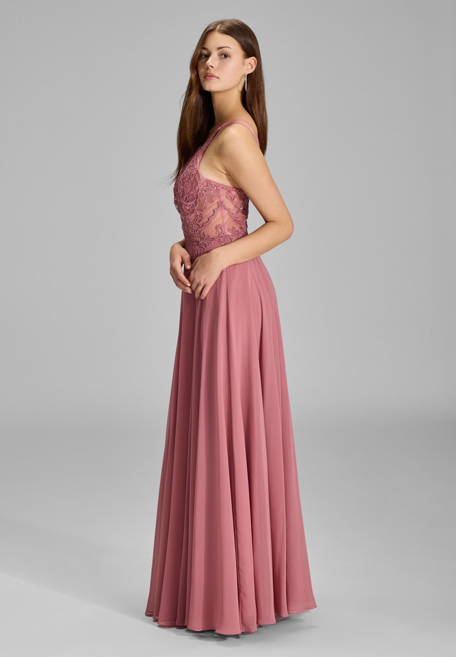 Abendkleid Maxi mit Stickerei und Chiffonrock